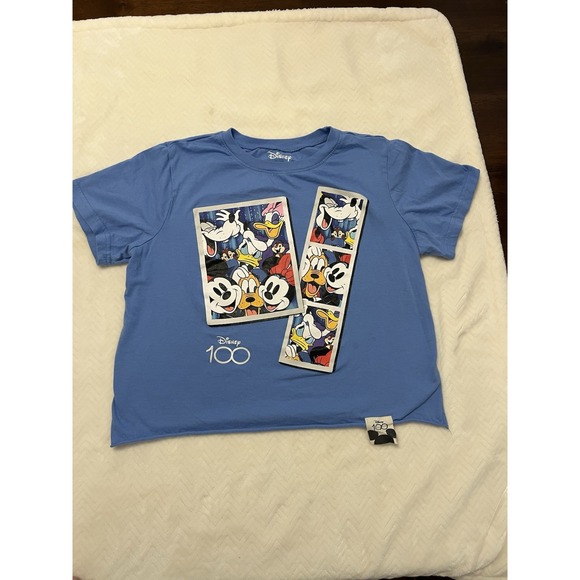 Disney 100 Years Blue Women's Size L Photo Booth Shirt Crop Tee Minnie Mickey - Picture 1 of 4